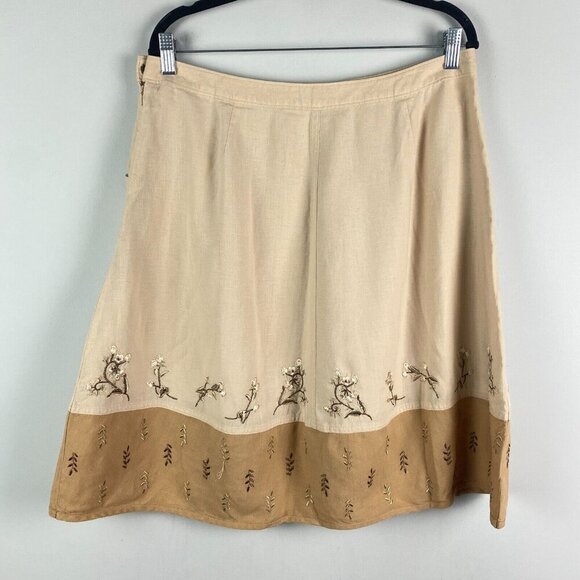 J. Jill Floral Embroidered Linen Skirt Pockets Lined Boho Beige Tan Size 14P - Picture 4 of 11